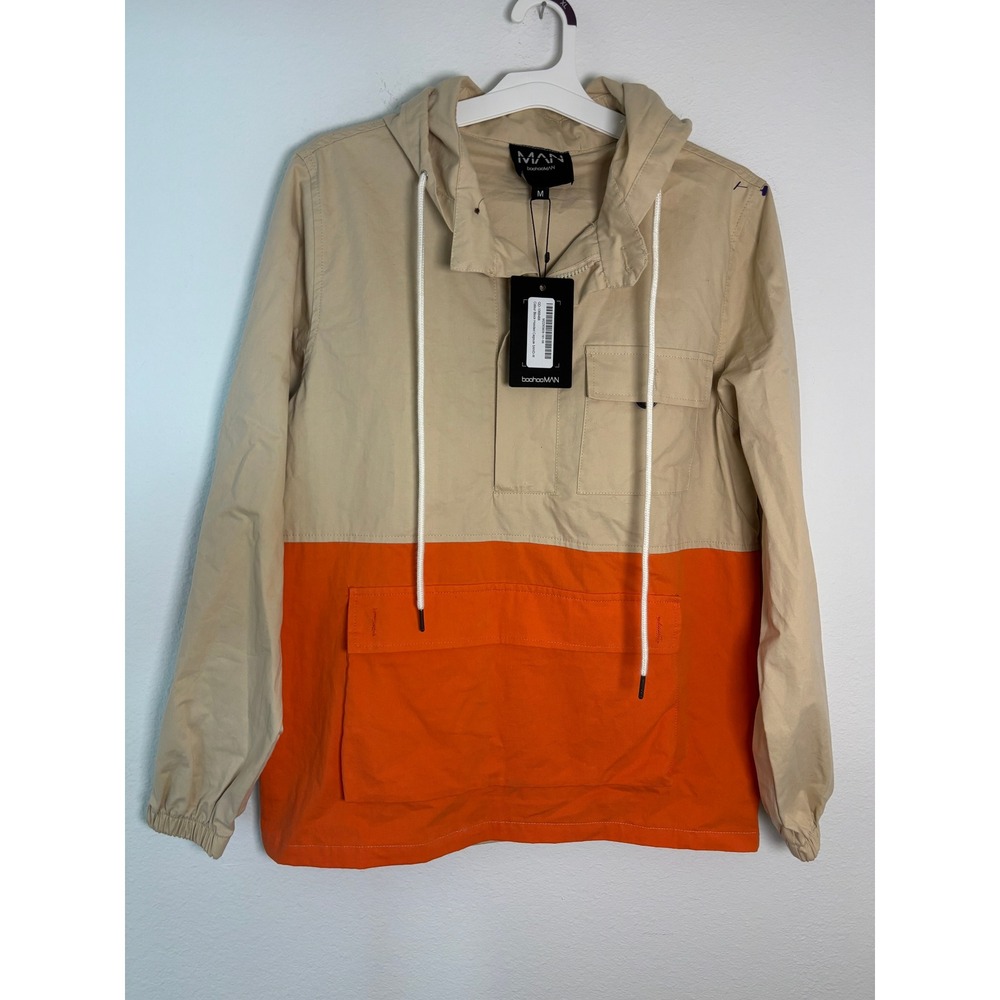 BoohooMAN Mens Colorblock Anorak Jacket Tan Orange Half Zip Windbreaker Med NWT